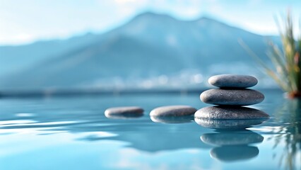 Stacked stones in water with mountain backdrop suggesting peace and tranquility