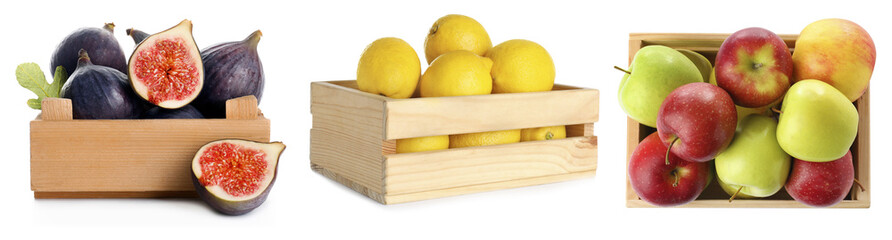 Different fresh fruits in wooden crates isolated on white, collage