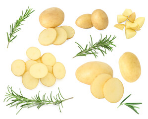 Fresh raw potatoes and rosemary on white background, collage