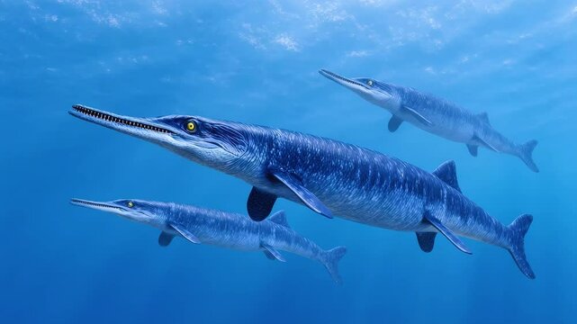 Mosasaurus swimming underwater in deep blue ocean, prehistoric marine reptiles with sleek bodies and sharp teeth in calm ocean scene