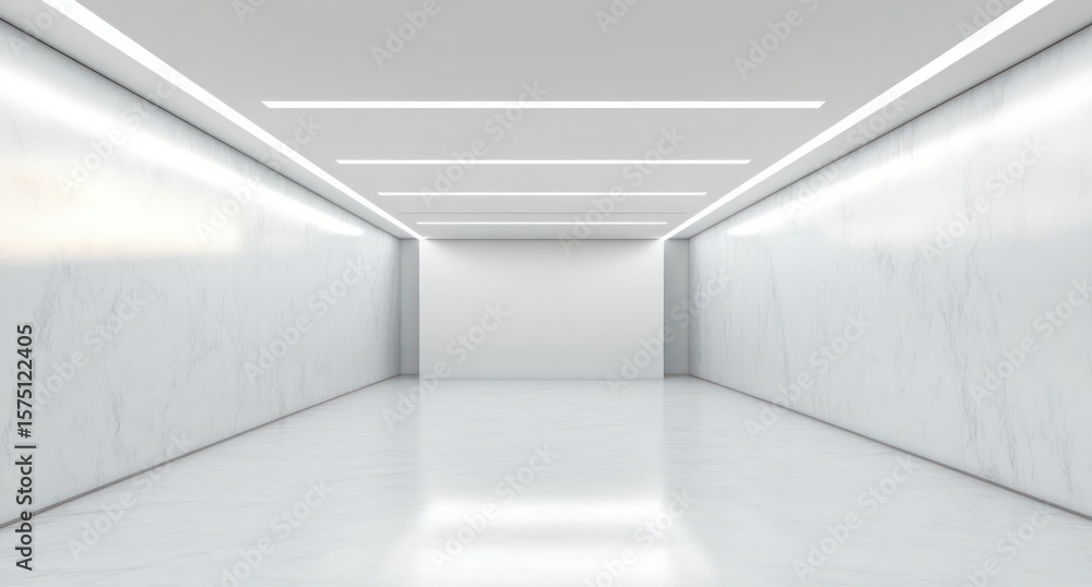 Poster bright empty modern hallway with white marble walls and polished floor illuminated by long rectangul