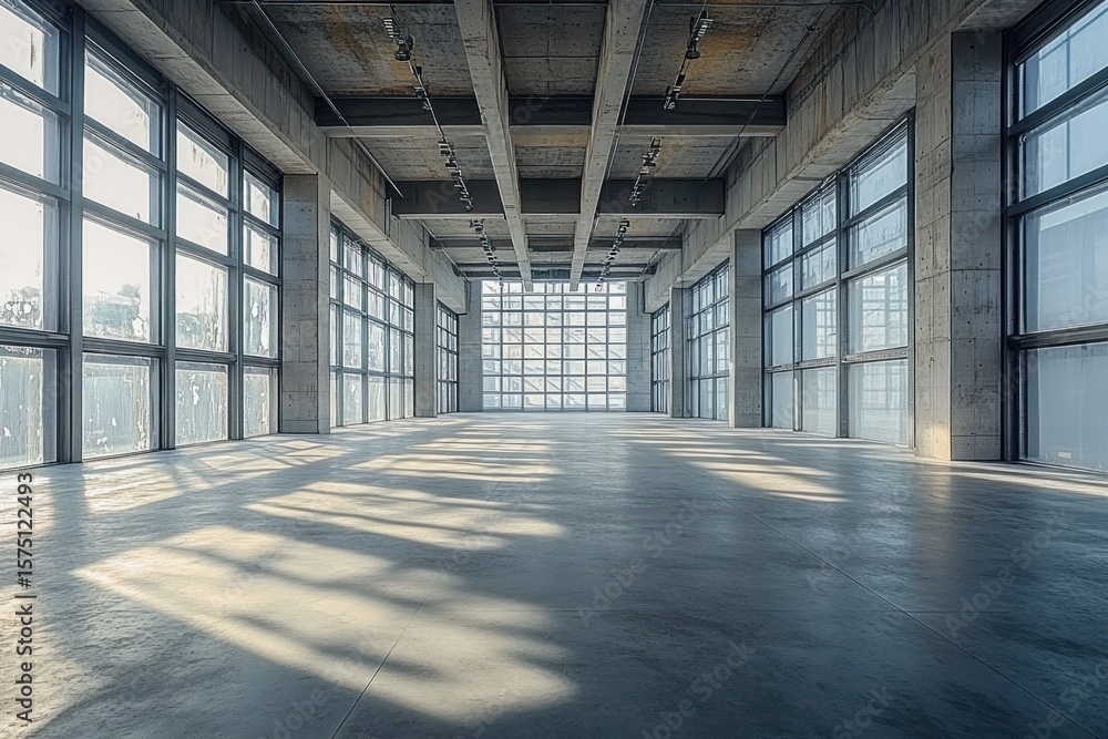 Poster empty industrial-style concrete room with large windows casting long shadows and bright natural ligh