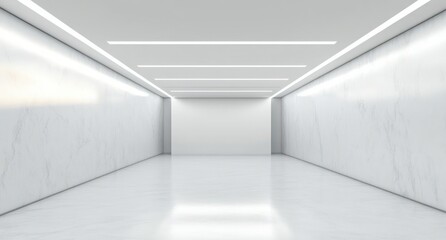 Obraz premium Bright empty modern hallway with white marble walls and polished floor illuminated by long rectangular ceiling lights creating a spacious and clean atmosphere