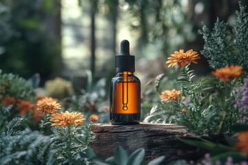 Minimalist amber serum bottle with black dropper on driftwood, greenery, and soft shadows.