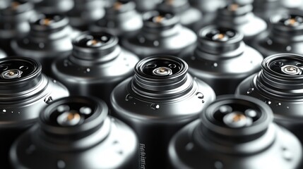 Obraz premium Close-up view of multiple silver spray cans without caps showing nozzle details and water droplets, arranged in a repeating pattern with a metallic reflective surface
