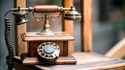 A vintage rotary dial telephone sitting on a wooden chair in a blurred setting