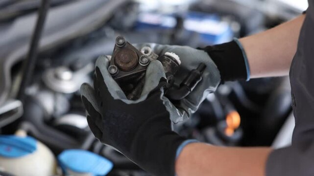 Mechanic with exhaust gas recirculation valve near car, closeup. Replacing auto parts
