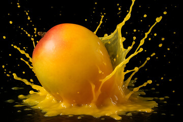 Juicy ripe mango splash explosion in motion with yellow juice burst on black background ideal for mango day fruit freshness and summer food design