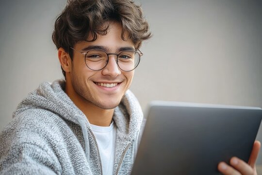 Young man with curly hair and glasses smiling while using a tablet indoors wearing a cozy gray hoodie and white t-shirt