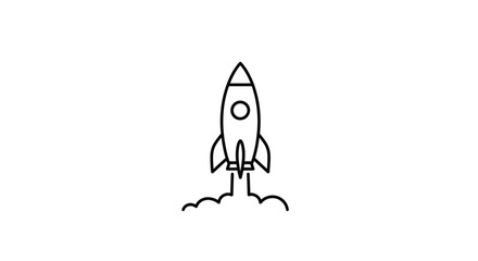 Outline drawing of a rocket ship launching with smoke underneath it