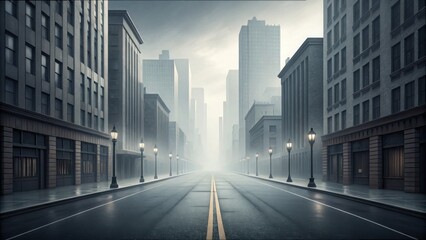 Fototapeta premium Serene City Street Enveloped in Heavy Fog on a Cold Morning