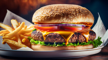 Vibrant Close-up: Classic American Diner-Style Hamburger with Ketchup and Mustard

