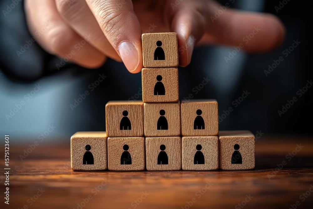 Poster hand arranging wooden blocks with human icons in a pyramid structure symbolizing organizational hier