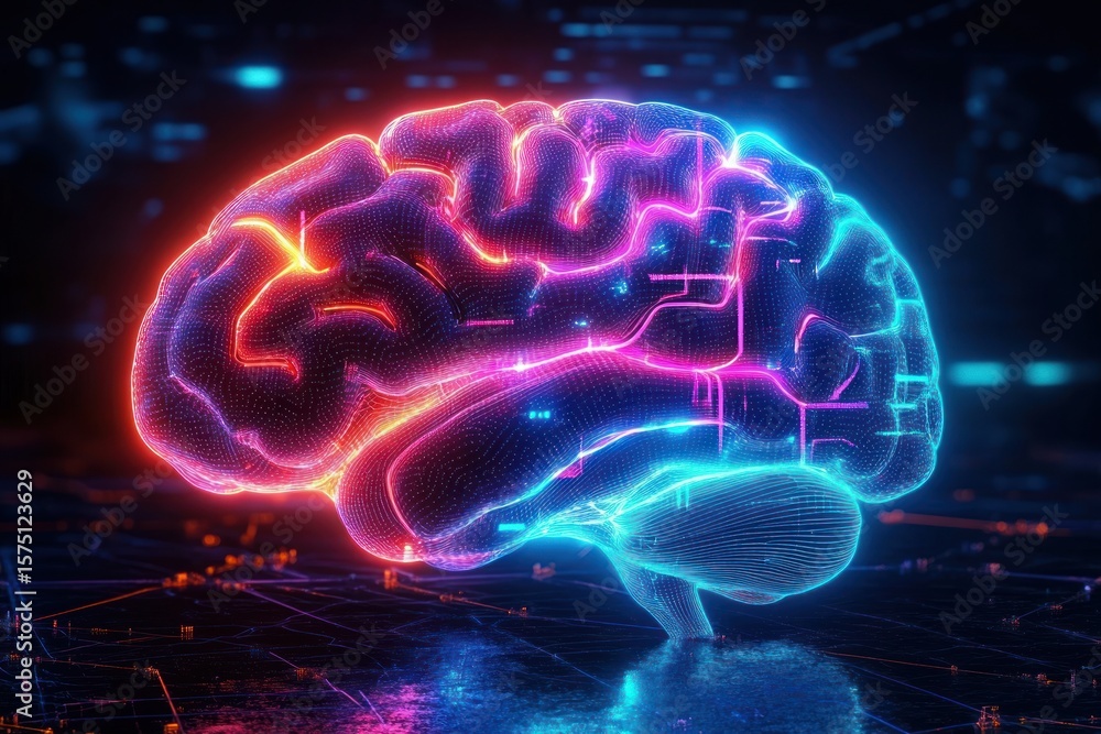 Poster glowing colorful digital 3d illustration of a human brain with vibrant neon lines and grid patterns 