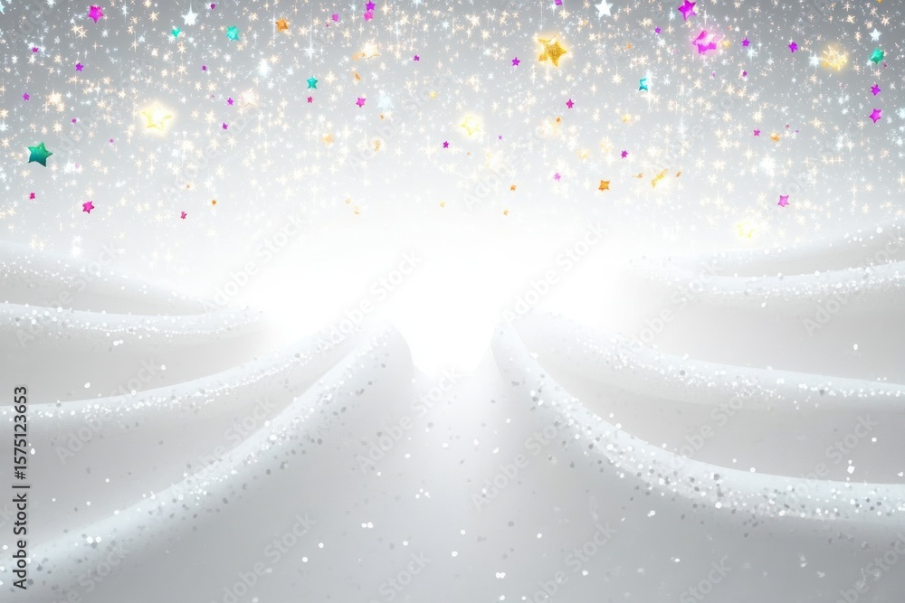 Poster bright shining pathway with glittering multicolored stars sparkling above soft white snowy waves cre