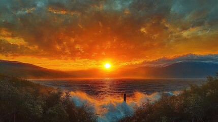 Vivid sunset over ocean with rolling waves surrounded by dark foliage and distant mountains under dramatic cloudy sky