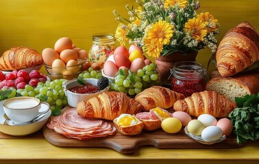 Bright and colorful breakfast spread featuring croissants, fresh fruits, eggs, sliced meat, jam, coffee, and a bouquet of yellow flowers on a wooden surface