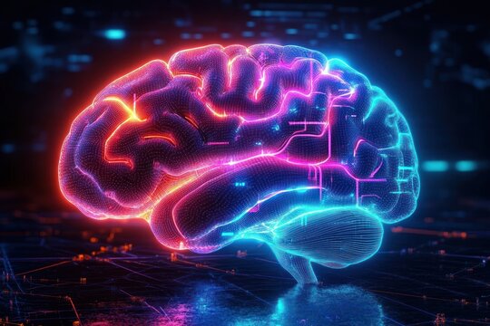 Glowing colorful digital 3D illustration of a human brain with vibrant neon lines and grid patterns on a dark background representing technology and intelligence
