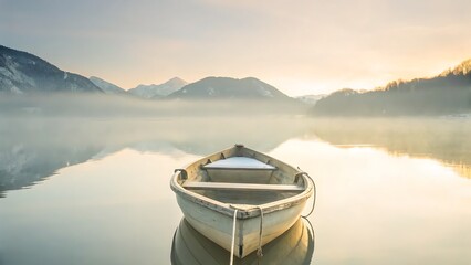 Rowboat floating on a misty lake with mountains in the background at sunrise