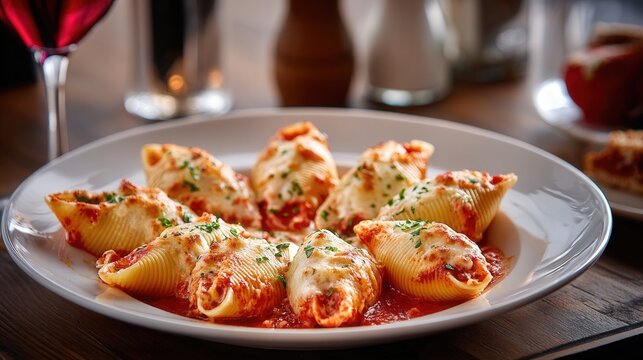 A plate of stuffed pasta shells with red sauce and cheese, 