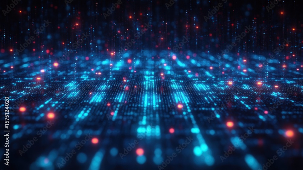 Poster glowing digital grid with blue and red light points creating a futuristic and immersive technologica