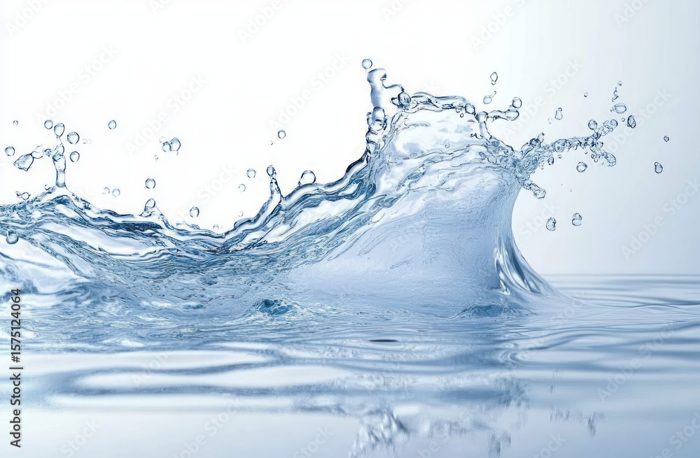Poster clear water splash creating dynamic ripples and droplets with light reflections on smooth water surf