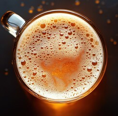 Top view of a transparent mug filled with frothy amber beer with bubbles on surface against dark background