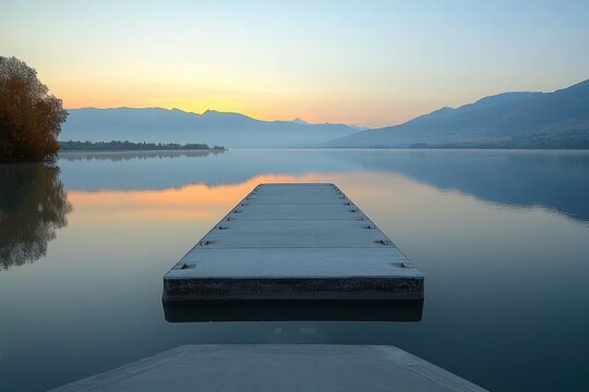 Peaceful calm lake with floating dock extending into still water during colorful sunrise with distant mountain silhouettes and clear sky