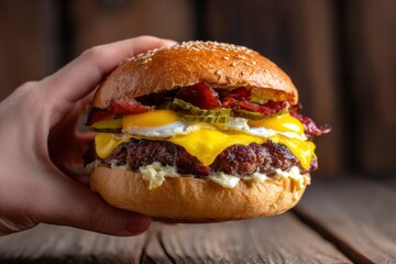 A hand holds a towering burger with egg cheese bacon and pickles against a blurred wooden background