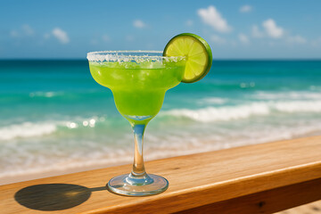Refreshing lime margarita glass with salt rim on tropical beach boardwalk celebrating national tequila day under blue sky with ocean background