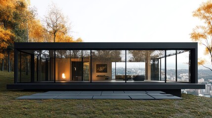 Modern hillside villa with frameless glass, 90° cornerless design, and panoramic city views.