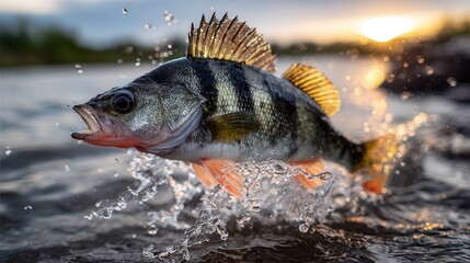big freshwater perch jumping out of water, golden hour 