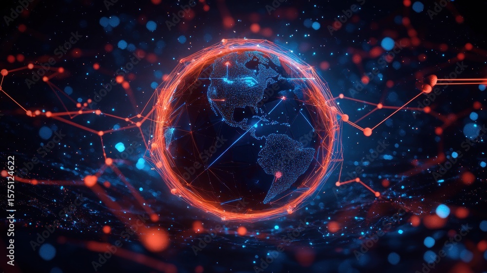 Poster digital globe with a glowing network of interconnected red lines and blue nodes representing a high-