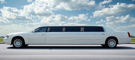 Long white stretch limousine parked on an empty road under a partly cloudy blue sky in a flat open landscape