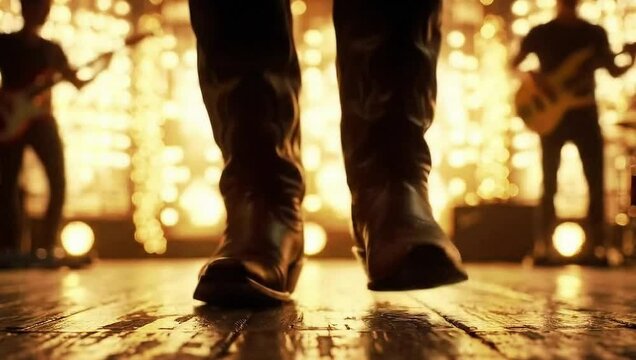 close-up dancing, A pair of boots standing on a rustic wooden floor, a country band dancing and playing soft light illuminating the textures of the leather. digital
