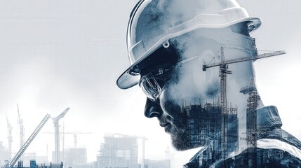 construction worker wearing hard hat, building construction engineering with double exposure  