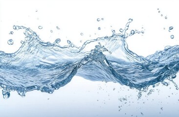 Close-up view of clear water splash against white background creating dynamic wave forms and droplets in motion