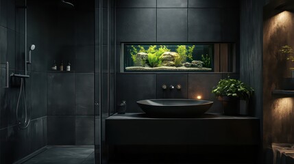 Industrial bedroom with brick walls, metal accents, and a calming corner aquarium feature.