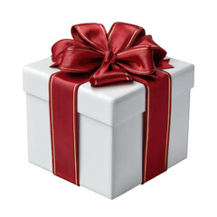 A white gift box with a red and gold ribbon and bow isolated on transparent background
