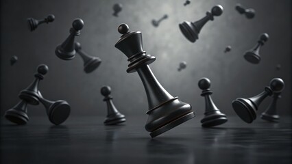 Black Chess Pieces Floating on Dark Surface in Dramatic Scene