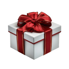 Fototapeta premium A white gift box with a red and gold ribbon and bow isolated on transparent background