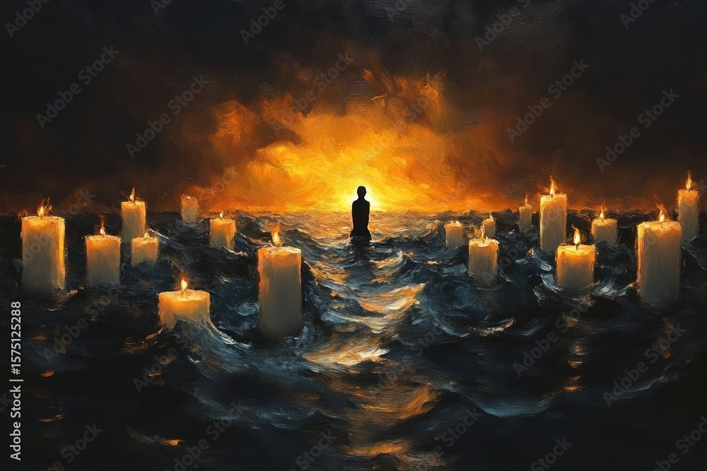Poster silhouette of a person standing in dark waves surrounded by numerous glowing candles with a bright f