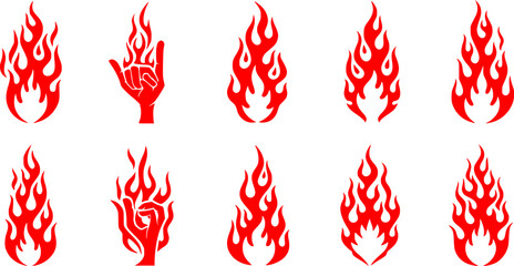Silhouette Fire flames. Old school tattoo neo-tribal style or silhouette flame for cars. set vector icons. Fire sign. Fire flame icon isolated on white background. Vector illustration