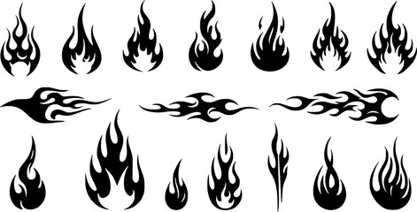 Silhouette Fire flames. Old school tattoo neo-tribal style or silhouette flame for cars. set vector icons. Fire sign. Fire flame icon isolated on white background. Vector illustration