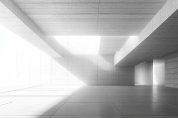 Empty modern interior space with concrete walls and ceiling featuring large skylights casting sharp shadows over the tiled floor under bright natural light