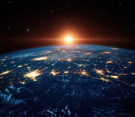 Obraz premium Sunrise over Earth from space showing illuminated city lights on the dark surface with a starry sky in the background conveying awe and vastness