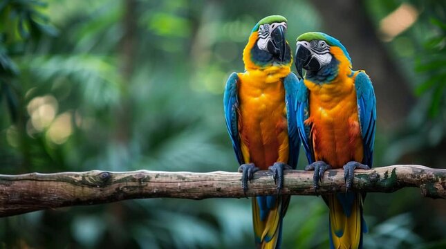 Pair of Macaws: A vibrant portrait of two majestic macaws perched closely together on a tree branch, set against a lush, natural green backdrop.