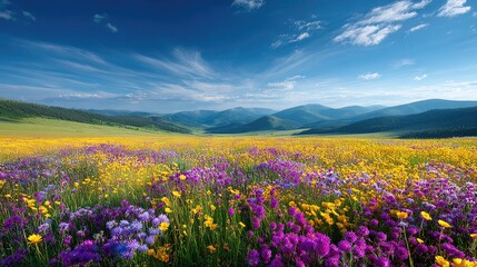 Fototapeta premium A vibrant meadow of wildflowers stretches out beneath a vast, clear sky.