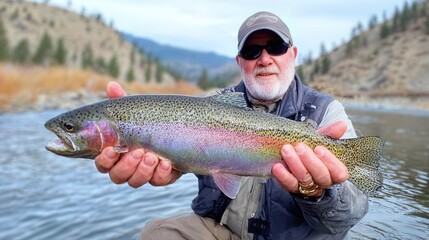 man holding a trout fish he just caught on a lake
