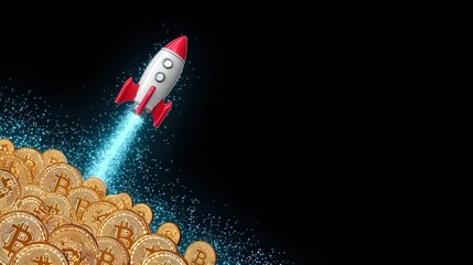  several bitcoins bottom of image, red and white rocket above bitcoins flying, solid background, copy space